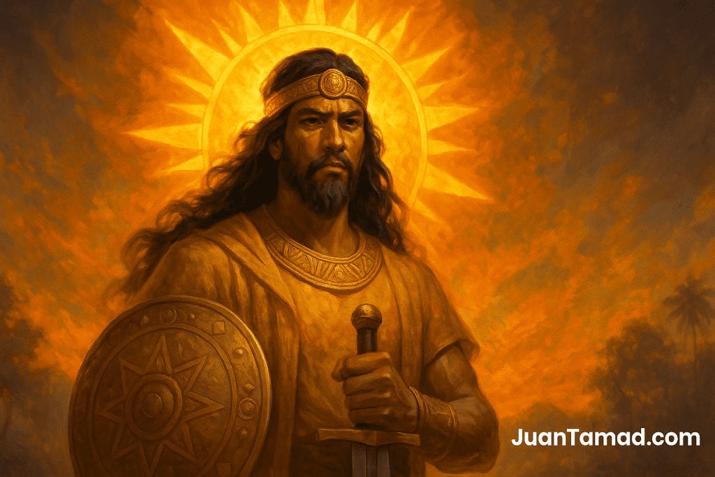 A digital painting of Apolaki, the Filipino god of the sun and war, shown as a strong warrior with golden armor, a sword, and a shield bearing a sun symbol, surrounded by radiant sunlight and warm clouds.
