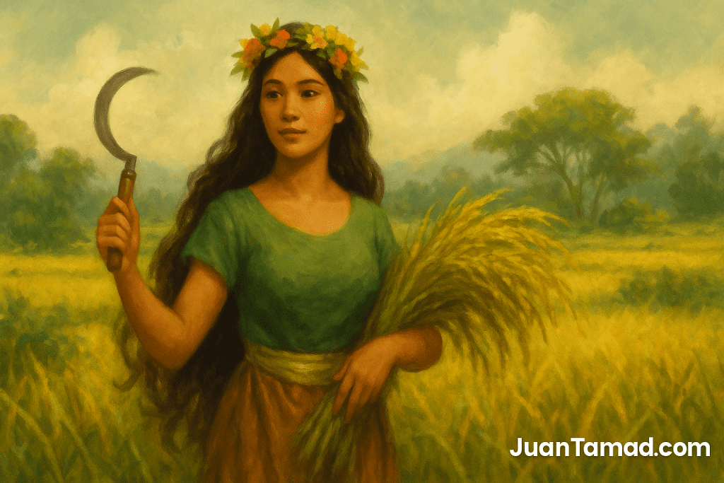 A digital painting of Idiyanale, the Filipino goddess of labor and good deeds, standing in a golden rice field at sunrise, wearing traditional attire and holding farming tools, symbolizing diligence and virtue.