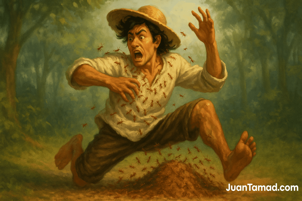 A digital painting of Juan Tamad leaping up in shock as red ants swarm around him under a tamarind tree in a tropical village setting.