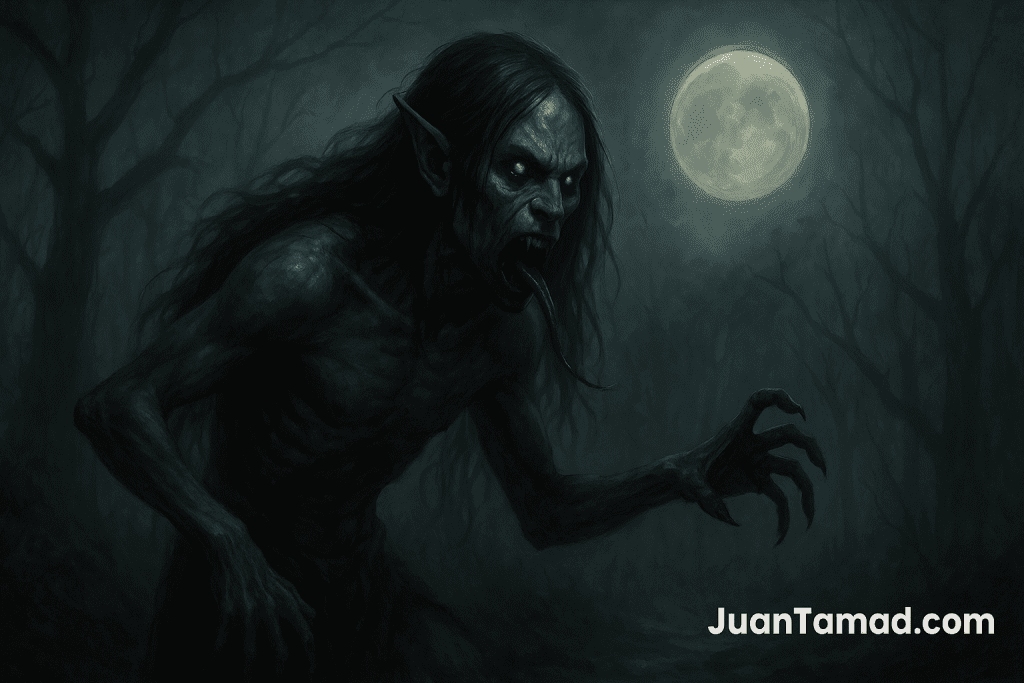 A digital painting of the Aswang, the shape-shifting monster of Philippine folklore, lurking in a moonlit tropical forest with glowing eyes and long dark hair.
