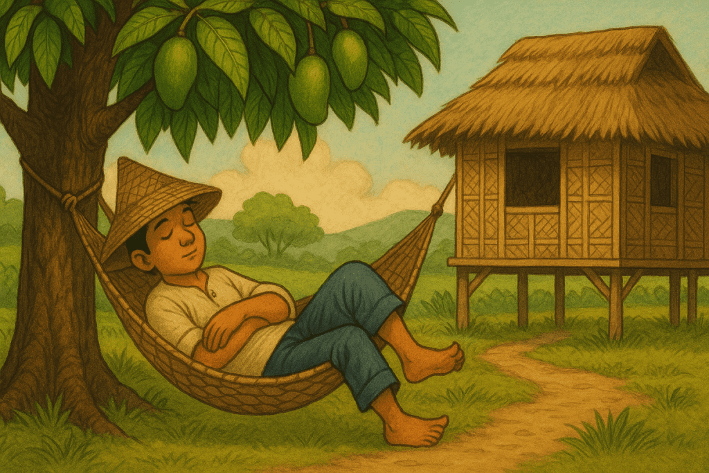Juan Tamad sleeping in a hammock under a mango tree beside a nipa hut