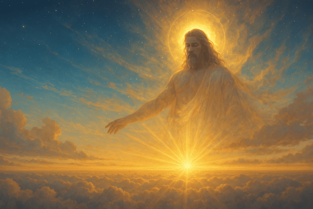 A radiant figure of Bathala stands above glowing clouds in the sky, surrounded by golden light and stars, symbolizing Kaluwalhatian, the ancient Tagalog realm of divine harmony.