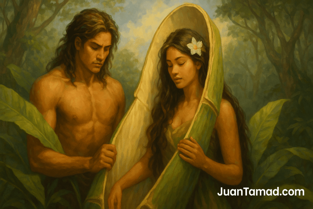 A digital painting of Malakas and Maganda emerging from a split bamboo stalk, surrounded by tropical trees, sunlight, and birds, symbolizing the birth of the first man and woman in Filipino mythology.