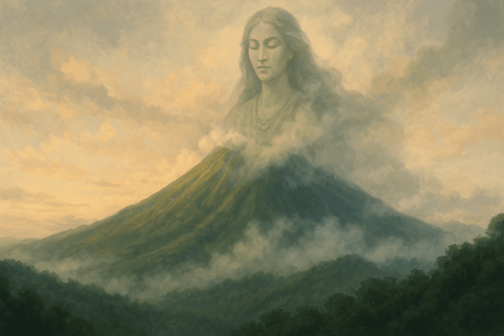A serene goddess figure emerges from the mist above Mount Kanlaon’s volcanic peak at sunrise, symbolizing the ancient Visayan deity Kan-Laon. The mountain’s green slopes glow softly under golden light.