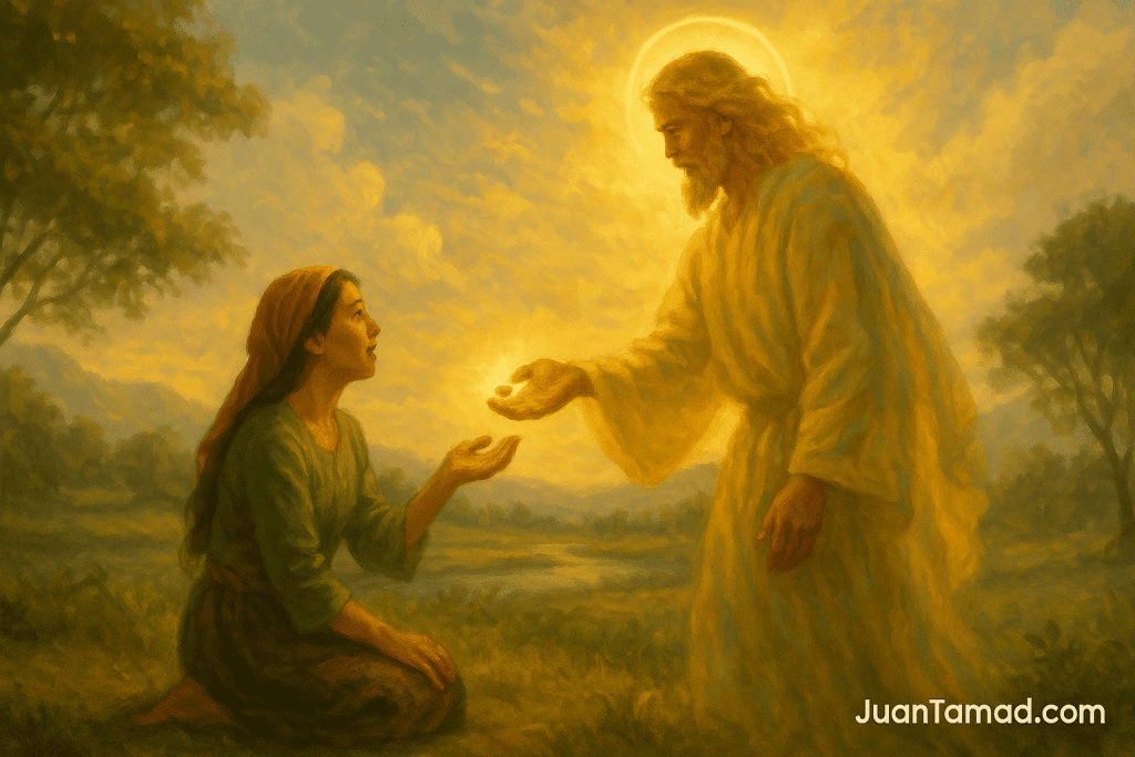 A digital painting depicting Banag kneeling as she receives a glowing golden grain from a radiant celestial messenger of Bathala beneath a golden sky.