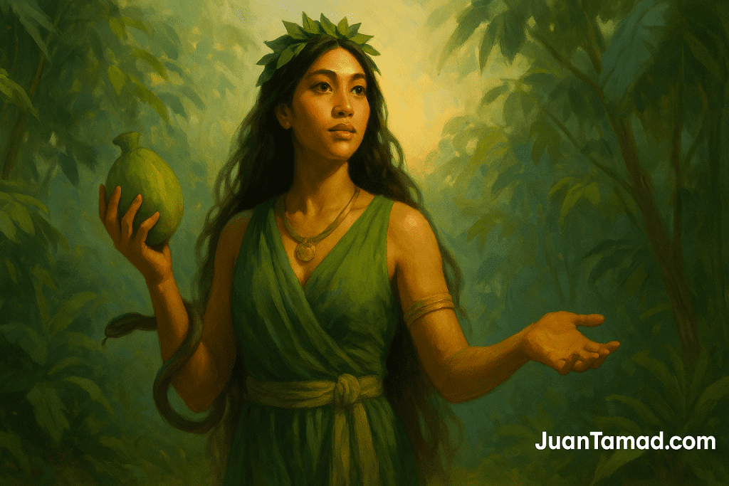 A digital painting of Lakapati, the Filipino goddess of fertility and harvest, standing in a sunlit forest with long dark hair, wearing a green dress and gold ornaments, holding a fruit and surrounded by lush plants.