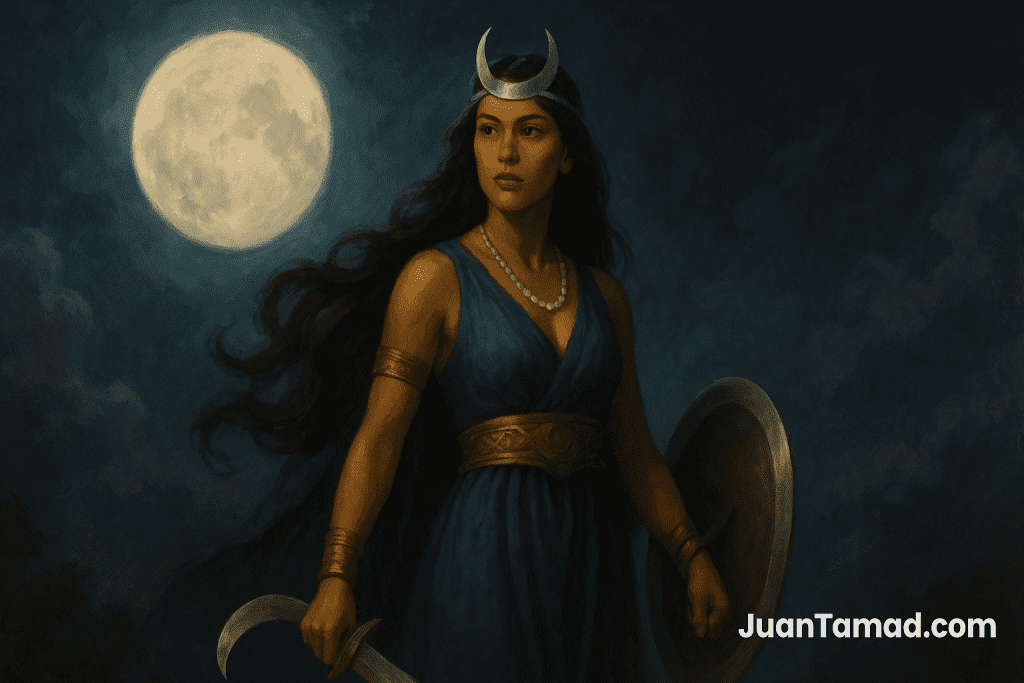 A digital painting of Mayari, the Filipino moon goddess, standing beneath a glowing full moon with flowing dark hair, wearing a blue gown, crescent crown, and holding a sword and shield.