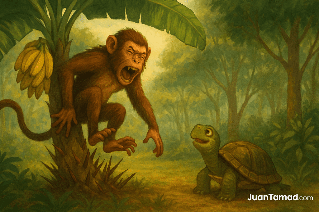 A digital painting of the Filipino folktale “The Monkey and the Turtle,” showing the monkey trapped in a banana tree surrounded by sharp thorns while the turtle watches below in a lush tropical forest.