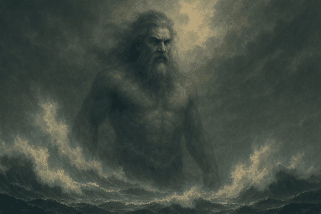 Amanikable, the ancient Tagalog god of the sea, rises from stormy ocean waves under a dark sky, his powerful form surrounded by mist and lightning that reflect his divine fury.