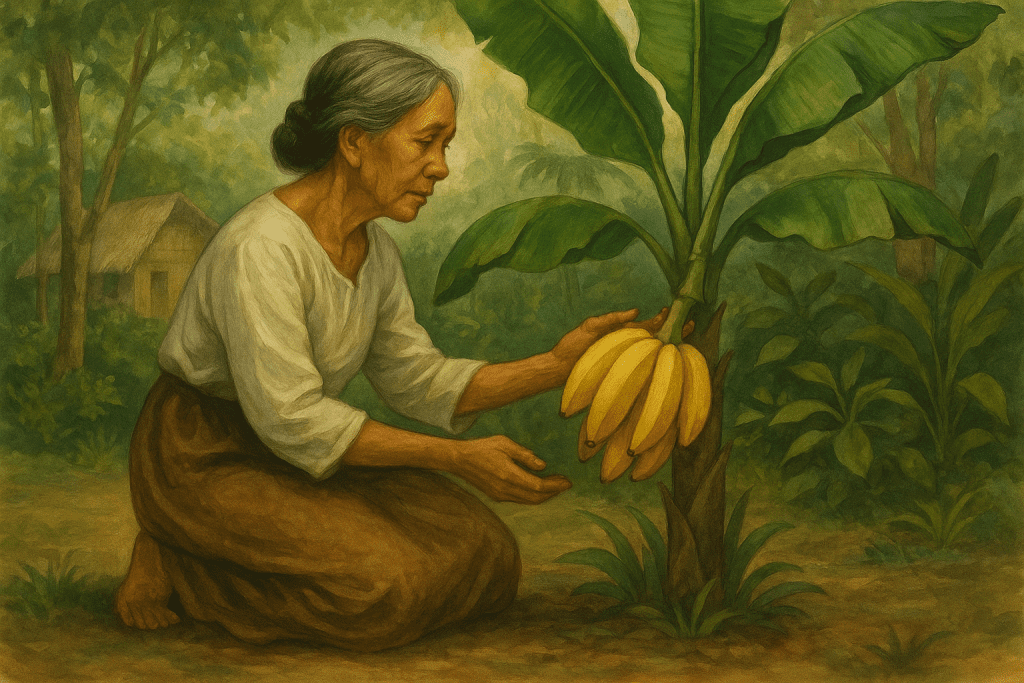 An elderly Filipino woman, Aling Maria, kneels in her garden as she gently touches a newly grown banana plant under soft sunlight, with a nipa hut behind her.