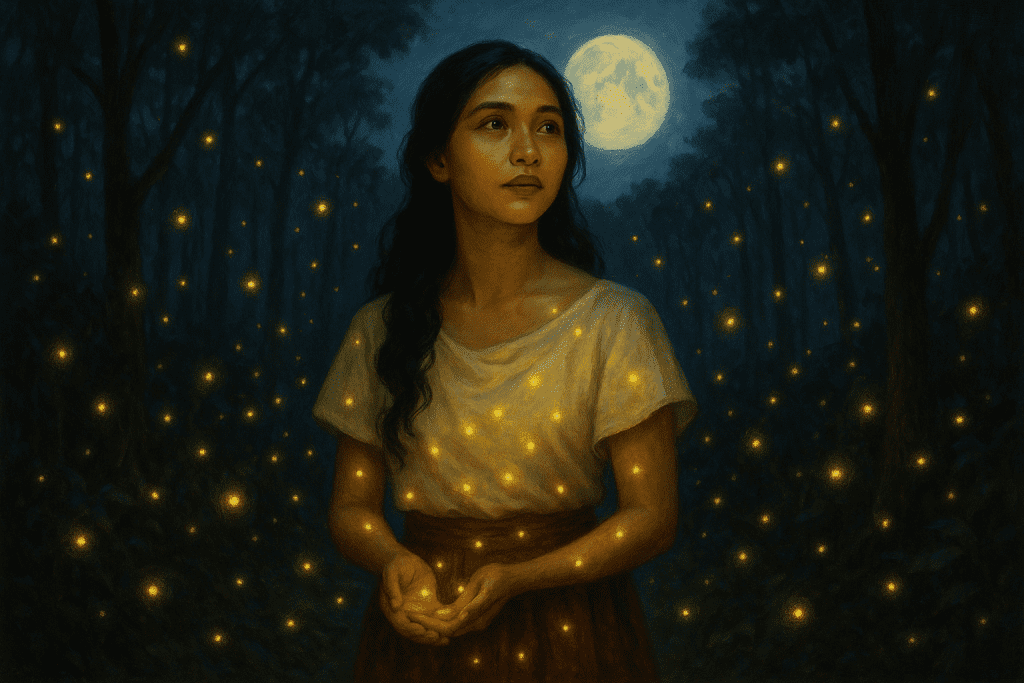 A young Filipino woman named Liwayway stands in a moonlit forest surrounded by glowing fireflies, her white blouse and red skirt softly lit by their golden light.