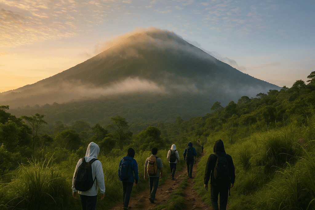 Pilgrims climb a mist-covered Mount Banahaw at sunrise, walking along a forested trail surrounded by lush greenery and golden light.