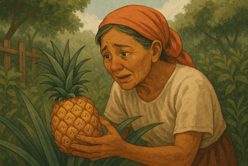 A Filipino woman named Aling Rosa kneels in her garden, tenderly holding a pineapple with many eyes, sunlight filtering through the trees and a nipa hut in the background.