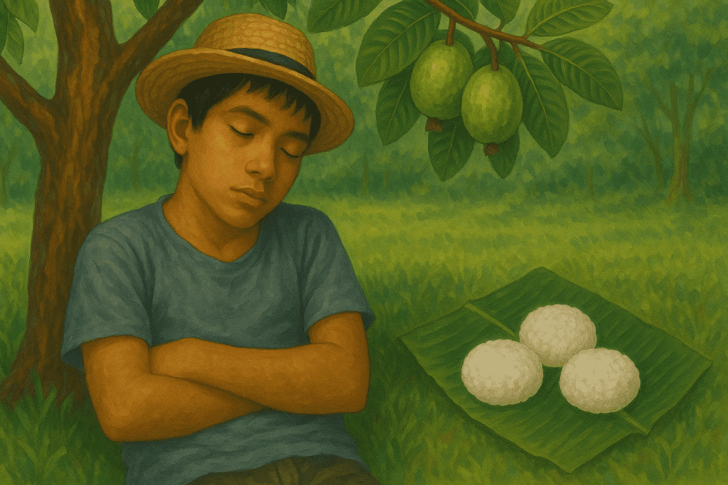 A young Juan Tamad, about fifteen years old, sleeps peacefully beneath a guava tree in the countryside. Three rice cakes rest on a banana leaf beside him, with soft sunlight filtering through the green foliage.